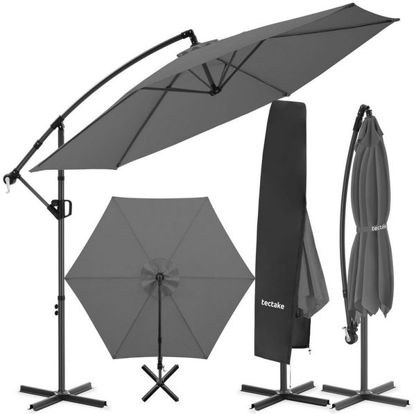 tectake Ampelschirm Sonnenschirm mit Doppeldach, inkl. Schutzhülle, 3x3 m, Balkonschirm Artemis, für Außen in Grau, 360° drehbar, wasserabweisend, neigbar, Kurbelmechanismus
