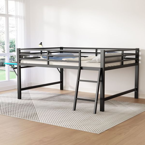 Flachbett 140x200 cm aus Metall mit Schutzgeländer, Leiter, klappbarem Schreibtisch und mehrfarbiger LED-Ambientebeleuchtung, schwarz
