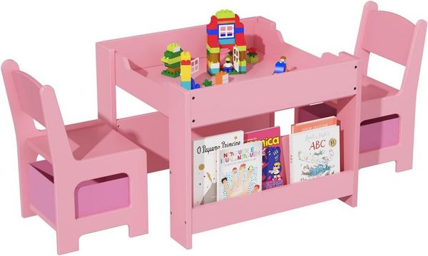 GarveeMore Kindersitzgruppe 4-in-1 Funktionsset Kindersitzgruppe,Rosa 70 x 50 x 55 cm, Set mit 2 Stühlen & 1 Tisch, Holz Spieltisch, Stauraum & Wendeplatten