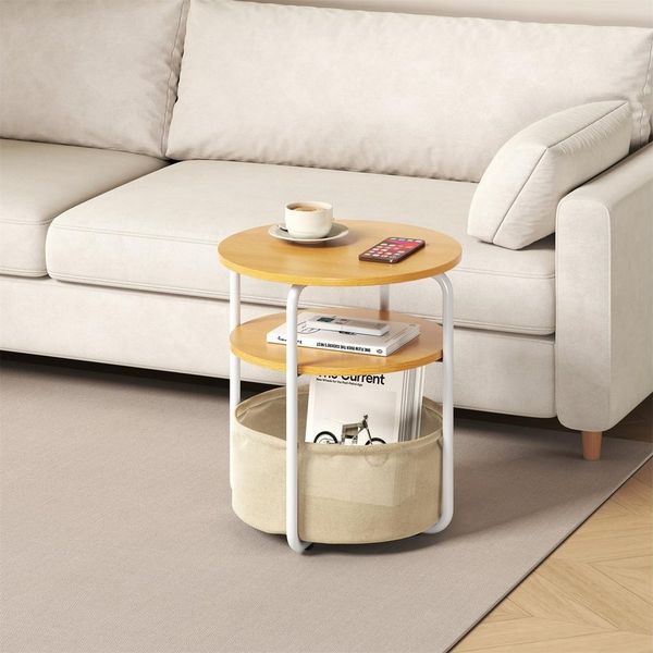 GarveeMore Beistelltisch Seitentisch Runder Endtisch mit Stoffkorb Couchtisch
