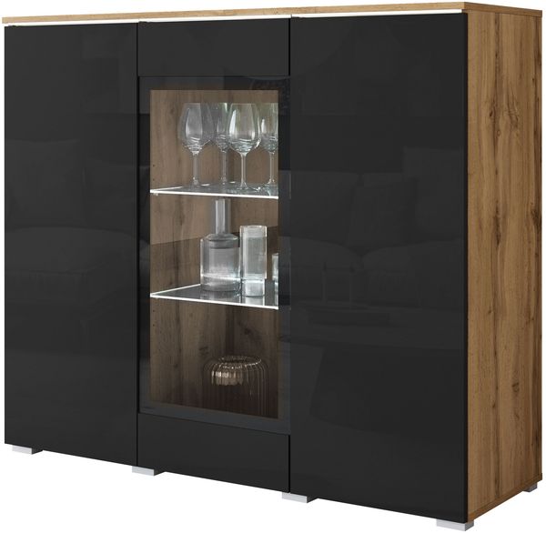 Kommode Doppo 120 (Farbe: Wotan Eiche / Schwarz Hochglanz, mit weißer LED Beleuchtung)
