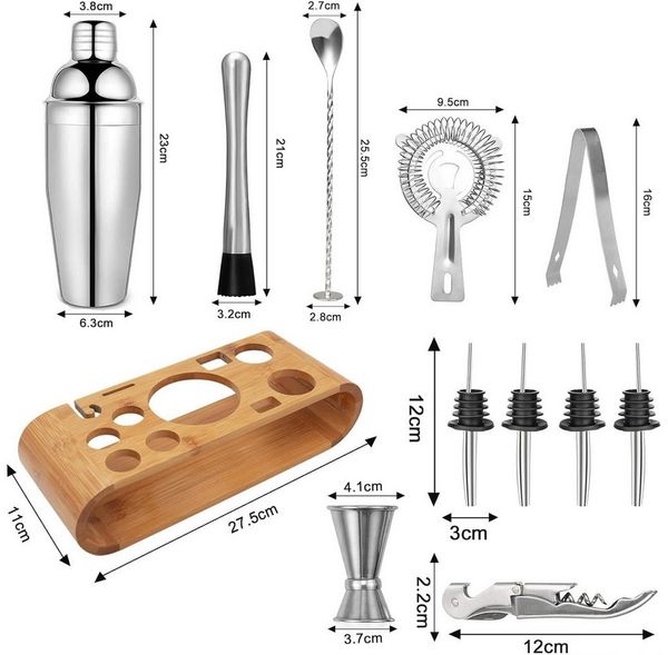 TUWENA Cocktail-Set Stainless Steel Shaker Bar Set, 750ML 12-Teiliges Edelstahl Zubehör, (12-tlg), Professionelles Barware Set für Zuhause oder die Bar
