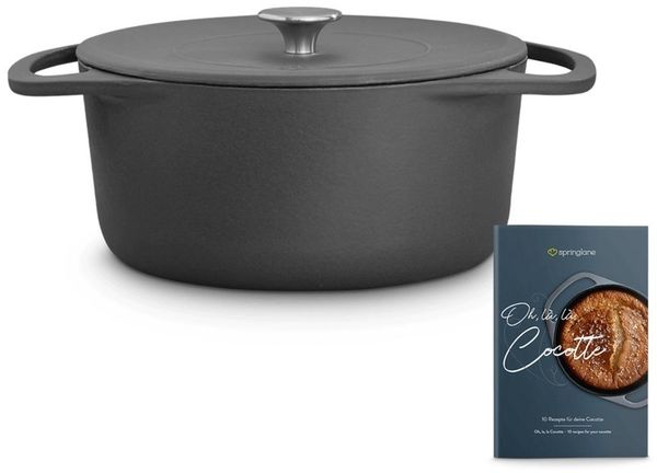 Springlane Bräter Cocotte Grau mit Deckel, Gusseisen, 4 L, Ø 24cm, Rund, Gusseisen emailliert, Edelstahl, Ideale Feuchtigkeitsverteilung durch Tropfenstruktur
