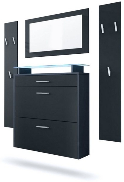 Vladon Garderobe Malea, Garderobenset bestehend aus 1 Hängeschuhschrank, 1 Wandspiegel und 2 Garderobenpaneele, Anthrazit matt/Schwarz matt, inkl. LED-Beleuchtung blau Bild 4