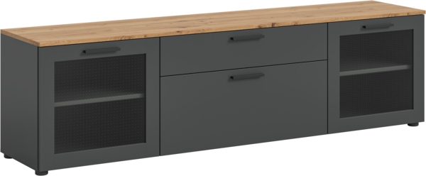 Xonox Niklas Lowboard (B/H/T): 185x52x40 cm in Basalt grau mit Absetzung in Artisan Eiche und Glas