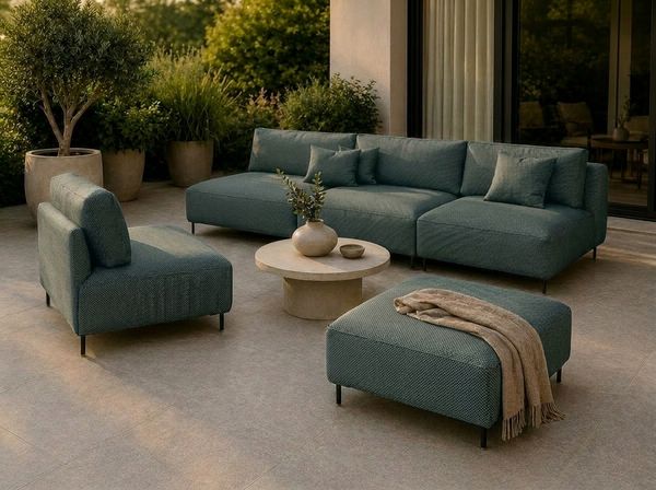 Garten Lounge Set SUN – Outdoor Möbel Set mit Sofa, Sessel und Hocker, UV-beständig und wasserabweisend