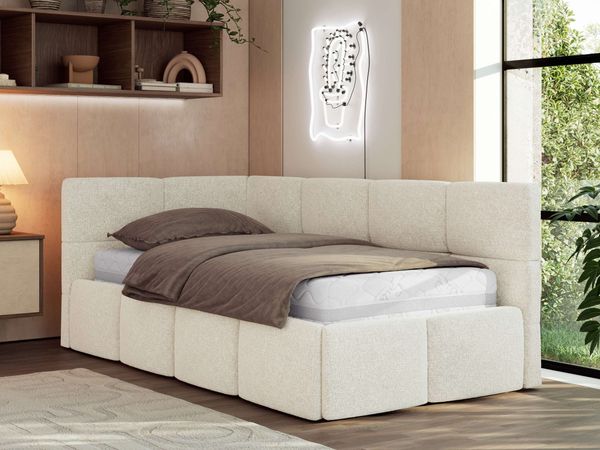 Jugendbett 90x200 ARVO Polsterbett mit Bettkasten, Stauraum & Gasdruckfeder, Modernes Design mit Kopfteil, Pocket Matratze - Creme Strukture - VIRE LUX - Links Seite