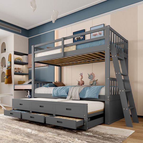 Etagenbett 90x200 cm mit Ausziehbett, 3 Schubladen, Kinderbett aus Kiefernholz und MDF, mit Treppe,Grau