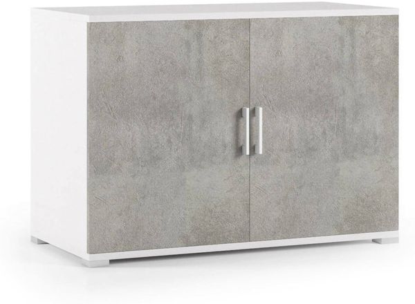 Dmora Mehrzweckschrank mit 2 Türen Serafinito, linearer Schrank mit 2 Flügeltüren mit Regal, Eingangsschrank, modernes Schuhregal, 100 % Made in Italy, 90 x 45 x 66 cm, Zement und Weiß