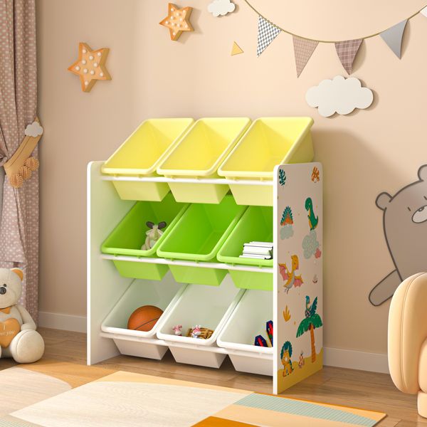 Kinderregal Muxía mit 9 Ablagekisten Dinosaurier Motiv Grün / Gelb [en. casa]
