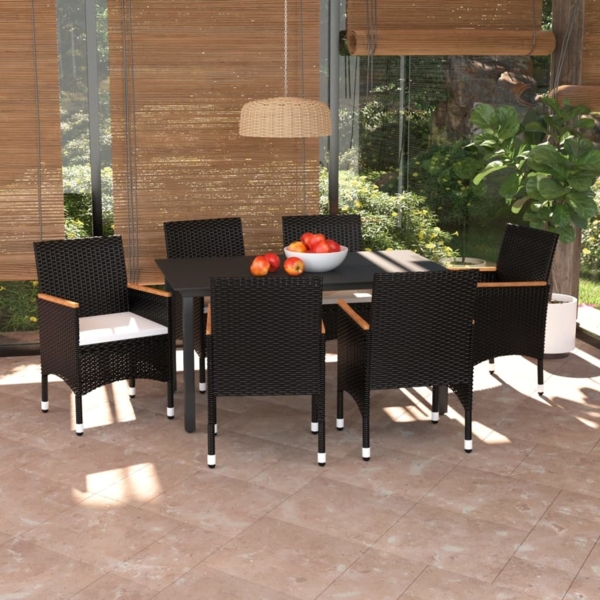 vidaXL 7-tlg. Garten-Essgruppe mit Kissen Poly Rattan Schwarz 3095000