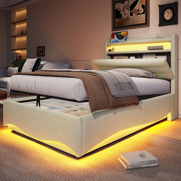 Merax Einzelbett 90 x 200 cm, Polsterbett, mit LED-Beleuchtung, mit Hydraulikmechanismus, mit USB- und Typ-C-Anschlüssen, Ablagefach, Ablagen für Gegenstände, Leinen, beige