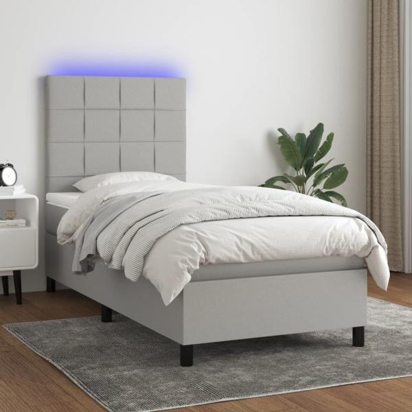 vidaXL Boxspringbett mit Matratze & LED Hellgrau 90x190 cm Stoff 3134837