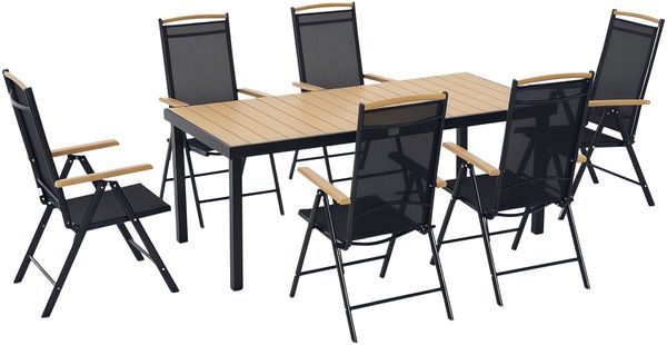 6-teiliges Gartenmöbelset für den Außenbereich, Aluminiumgestell, 190 cm Tisch, 6 klappbare und verstellbare Stühle, schwarz