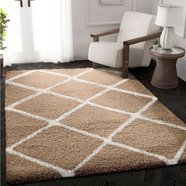 Vimoda Hochflor-Läufer Shaggy Wohnzimmer Rautenmuster Weiss, Rechteckig, Höhe: 30 mm, Langflor, Rauten muster, Skandi Design in Creme