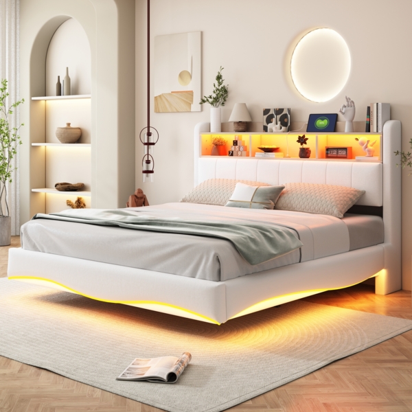 Merax Polsterbett 160*200 aus Leinenstoff, Abgehängtes Design, multifunktionales Stauraumbett mit LED-Licht, USB- und TYPE-C-Schnittstelle Beige