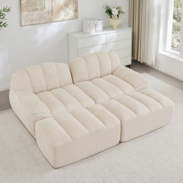 2-Sitzer Sofa 210×165×79 cm aus Granular Fleece rahmenlos modular mit 2 Ottomanen,weiß