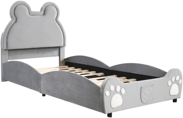 Merax Polsterbett Schönes Kinderbett, 90 x 200 cm, Bärenform. Einzelbett aus hautfreundlichem samt, grau Bild 10