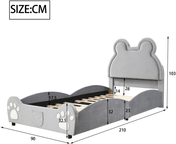 Merax Polsterbett Schönes Kinderbett, 90 x 200 cm, Bärenform. Einzelbett aus hautfreundlichem samt, grau Bild 4
