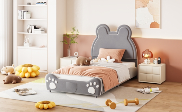 Merax Polsterbett Schönes Kinderbett, 90 x 200 cm, Bärenform. Einzelbett aus hautfreundlichem samt, grau Bild 3