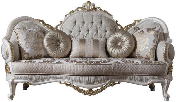 Casa Padrino Luxus Barock Sofa Grau / Weiß / Gold 220 x 80 x H. 124 cm - Prunkvolles Wohnzimmer Sofa mit dekorativen Kissen