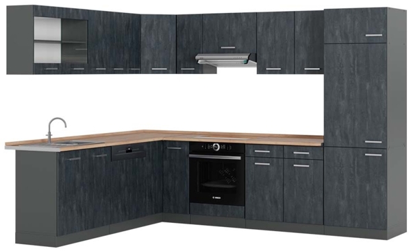 Eckküche R-Line Schwarz Beton/Anthrazit 287 x 60 cm AP Eiche Vicco