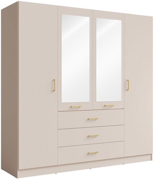 Home affaire Kleiderschrank KOS Garderobe mit 3 Schubladen, Kleiderstange, 8 Einlegeböden, Spiegel Kleiderschrank mit 4 Türen, goldenen Griffen, Maße B/H/T 200/200/58 cm