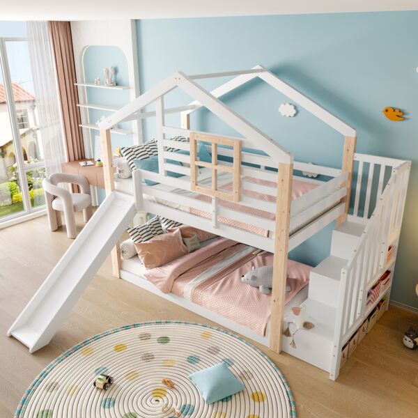 Kinder-Etagenbett mit Rutsche und Treppe, Massivholz, Weiß, platzsparend & sicher