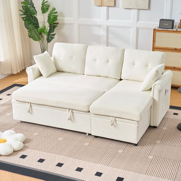 Ecksofa aus Chenille 206x130x85 cm mit Schlaffunktion & Bettkasten, beige