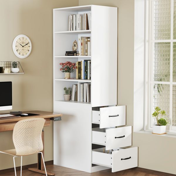 Bücherregal, extra schmal mit seitlichen Schubladen, Verstellbare Böden, links/rechts austauschbar, Sideboard, Wohnzimmer-Hochschrank, Holz, 180 cm hoch