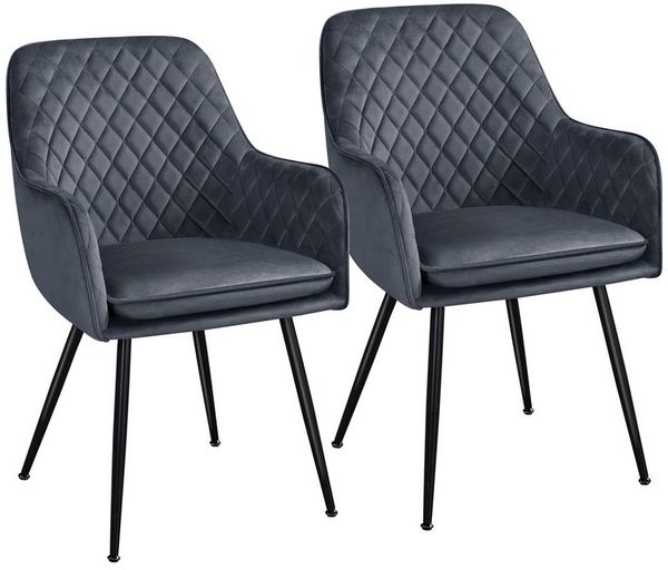 Yaheetech 2er Set Polsterstühle mit Armlehnen und Rautenmuster, Metallgestell, 61 x 55 x 85 cm, Dunkelgrau