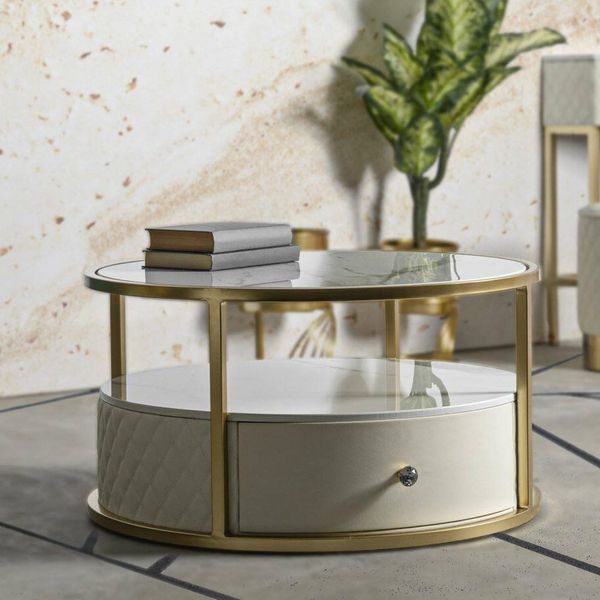 Dmora Couchtisch Iriri, 75 x 75 x 40 cm, Weiß, mit Schublade