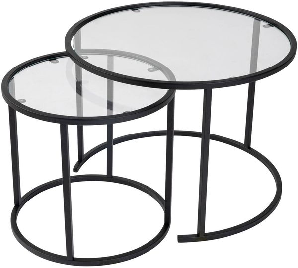Dmora Set mit 2 Couchtischen Xaden, Niedriger Wohnzimmertisch, Kaffeeregal, Couchtisch für Sofa, 60x60 h43 cm, Schwarz und Transparent