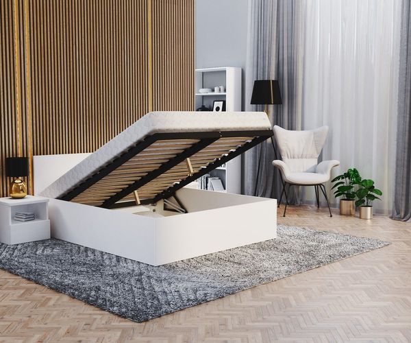 FDM Stauraumbett Bettgestell Bettrahmen Doppelbett 120x200, 140x200, 160x200, 180x200cm (MADE IN EU - Elternbett Doppelbett Gästebett Bett, optional mit Matratze + inklusive Lattenrost), Metallrahmen mit hydraulischer Klappfunktion