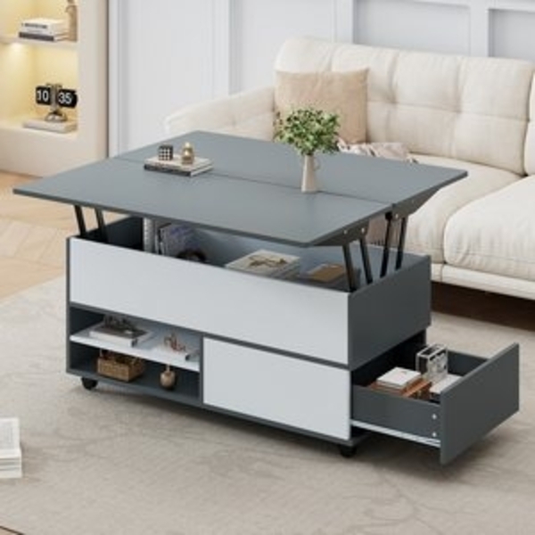 OKWISH Couchtisch Höhenverstellbarer Kaffeetisch (Wohnzimmertisch, Sofatisch, Satztisch, Beistelltisch, 1-St, mit Rollen), mit Verstecktem Stauraum und Ablage Bild 6