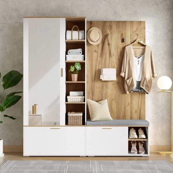 Merax Garderoben-Set Garderobenset, Schuhschrank mit Klappen, Sitzbank, (1-St, Kleiderschrank mit ausziehbarer Kleiderstange, 4 Haken, Spiegel), Garderobenständer