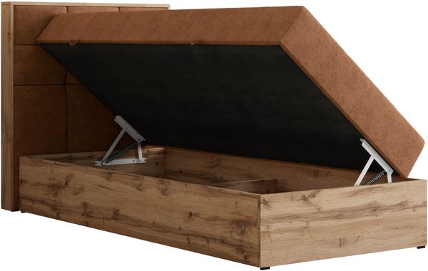 Boxspringbett ALBERO 1 90x200 mit Stauraum, 7-Zonen Multipocket Matratze H3, Bettkasten mit Federautomat, Öffnungsseite wählbar, Hotelbett - Orange Strukture - Topper Visco - Links Bild 4