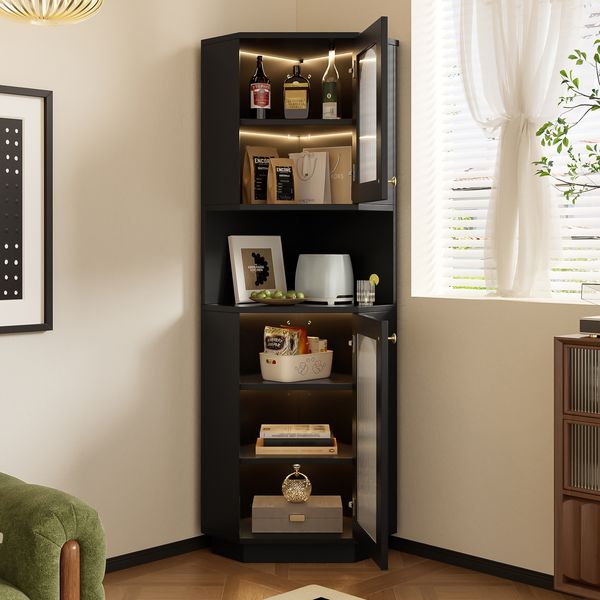 Badschrank Ecke 45x45x166,5 cm, schwarz, mit Lichtleiste und Glastür
