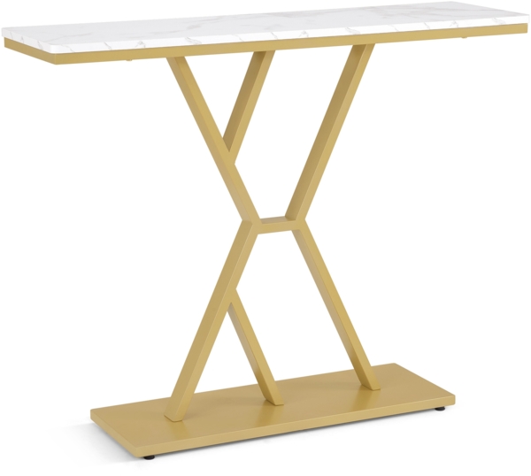 BarberPub Konsolentisch Schmal, Eingangstisch Holz Metallgestell, Flurtisch mit 2 Ebenen, Moderner Beistelltisch für Flur, Wohnzimmer, Vorzimmer, Eingang, Foyer, Marmor-Weiß Gold, 30x100x80cm, 2237