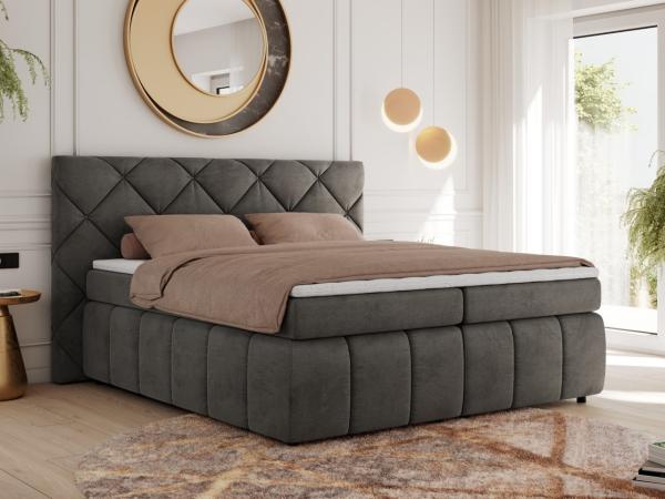 Boxspringbett, Doppelbett, Polsterbett mit Matratzen und Kopfteil - RITA - 160 x 200 cm - Dunkelgrau Velours - H4