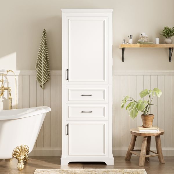 Flieks Mehrzweck-Hochschrank 180 cm, Badschrank aus MDF mit 2 Türen, 2 Schubladen und verstellbaren Einlegeböden, für Bad, Weiß