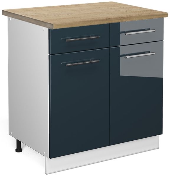 Küchenunterschrank Fame-Line Dunkelblau Hochglanz 80 cm , AP Eiche Vicco