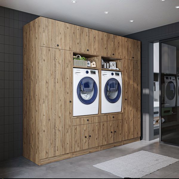 Roomart Schrankwand für Waschküche & Hauswirtschaftsraum - SERIE 1 - 254 cm breit – Waschmaschinen-Umbau & Stauraumschrank mit Ausziehbrett • Eiche