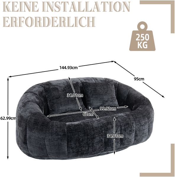Sitzsack-Sofa aus Chenille, mit Armlehnen, 150x95x63 cm, Schwarz, ohne Montage Bild 9