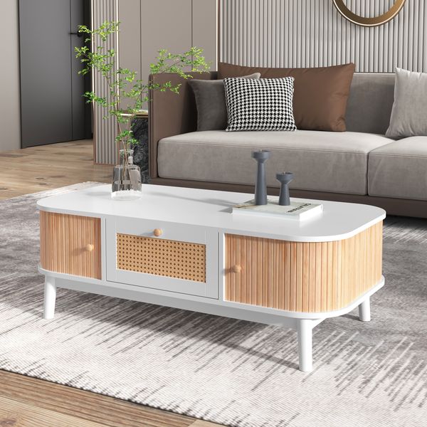 Couchtisch, MDF mit Rattan-Details & Stauraum, 110x55x38,5 cm, Weiß/Holzfarben
