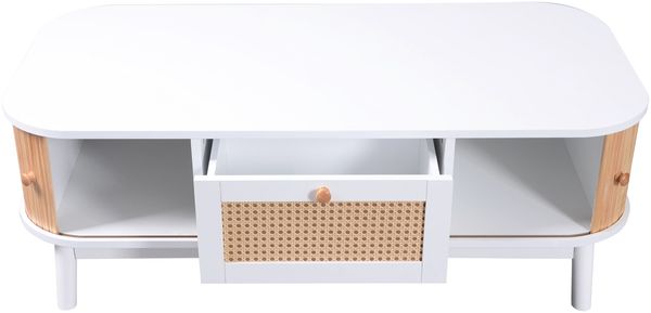 Couchtisch, MDF mit Rattan-Details & Stauraum, 110x55x38,5 cm, Weiß/Holzfarben Bild 7