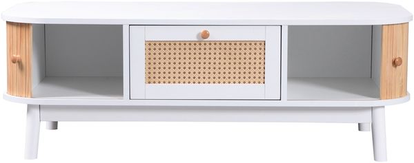 Couchtisch, MDF mit Rattan-Details & Stauraum, 110x55x38,5 cm, Weiß/Holzfarben Bild 3