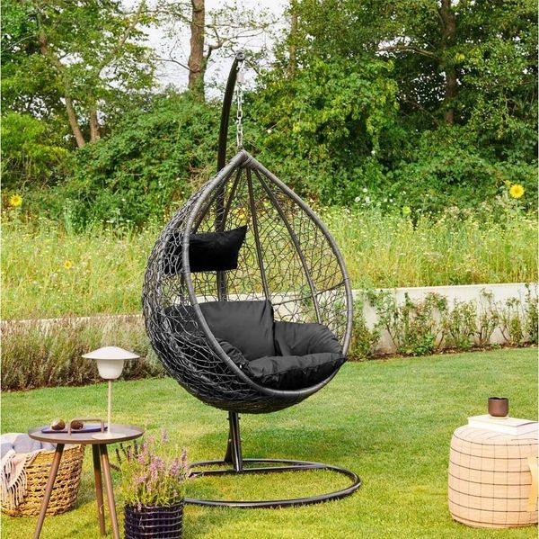 HOME DELUXE Hängesessel CIELO (Inklusive Gestell, Sitz-, Seiten- und Rückenkissen), 123 x 200 cm, Polyrattan, Rattansessel, Outdoor Schwebeliege