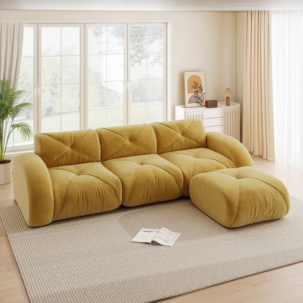 Flieks Modulares Sofa 3-Sitzer mit Hocker, Cloud Sofa mit runden Armlehnen, Chenille weich, rahmenlos bodennah, Lounge Sofa, Gelb
