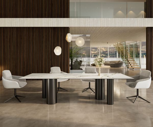 Esstisch Edge 300x100 Keramik Calacatta Luxe Weiß-Gold-Grau Pilier Edelstahl Graphit